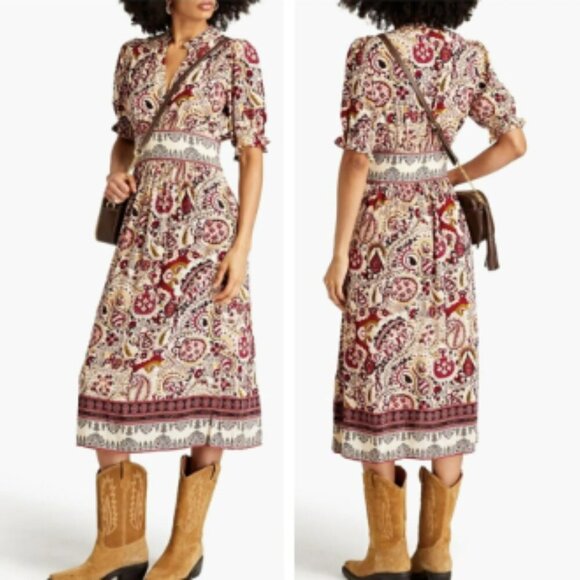 Ba&sh Zael Midi Paisley Boho Printed Ruffle Dress Ecru - Picture 1 of 12